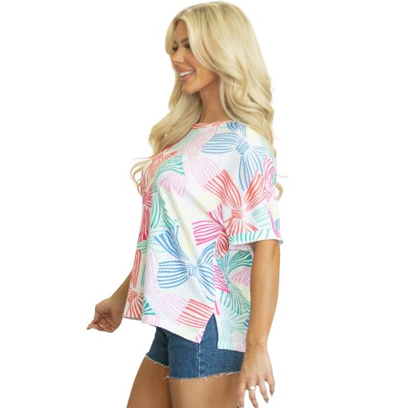 Multicolor Bowknot Printed Waffle Crew Neck Short  Sleeve Top New  M, L, XL - Picture 3 of 10